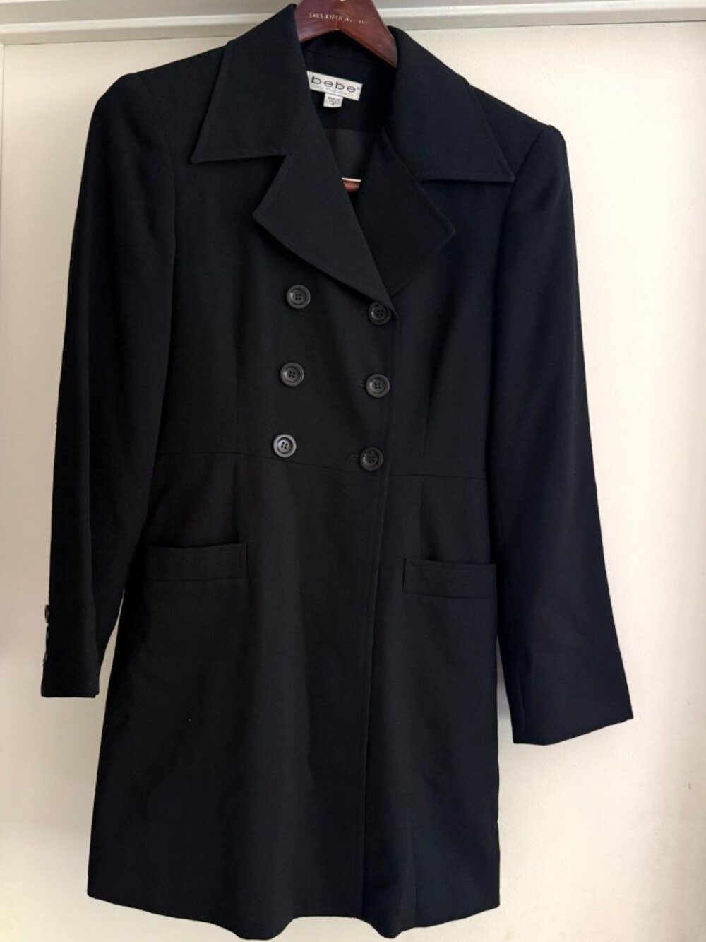 VINTAGE 90s BEBE BLACK 100% WOOL CREPE LINED SUIT JACKET MADE USA WOMENS 4 34x32